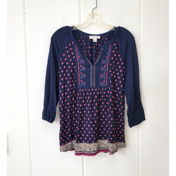 Vintage America Tops - Vintage America Navy Jersey Embroidered Peasant Blouse